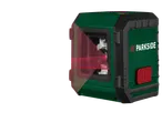 Dispozitiv de nivelare cu laser cu linii încrucișate, de culoare verde și negru, cu lumină laser roșie vizibilă.