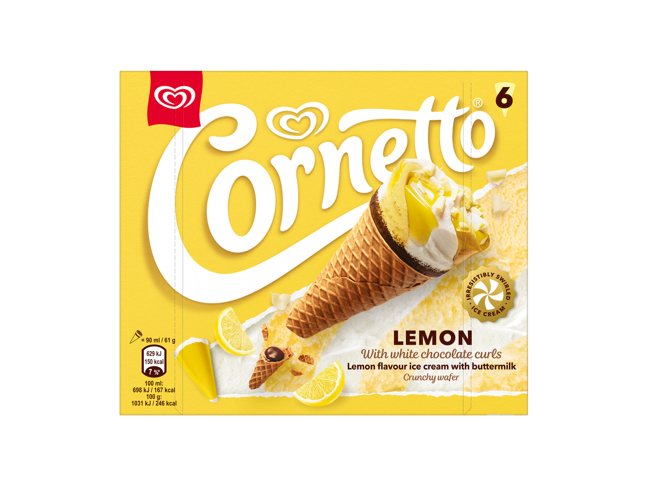 Gelado Cornetto de Limão com caracóis de chocolate branco e bolacha crocante.