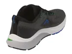 A black and grey athletic shoe with blue and green accents, viewed from the back.