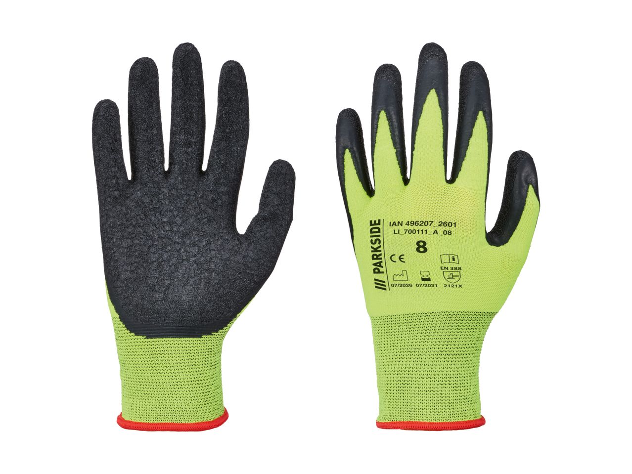 Pair of work gloves, black textured palm and fingers, lime green back and cuff.