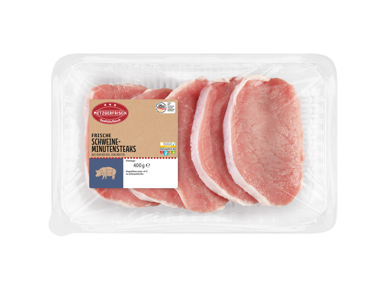 Metzgerfrisch Schweine-Minutensteaks in Plastikverpackung.