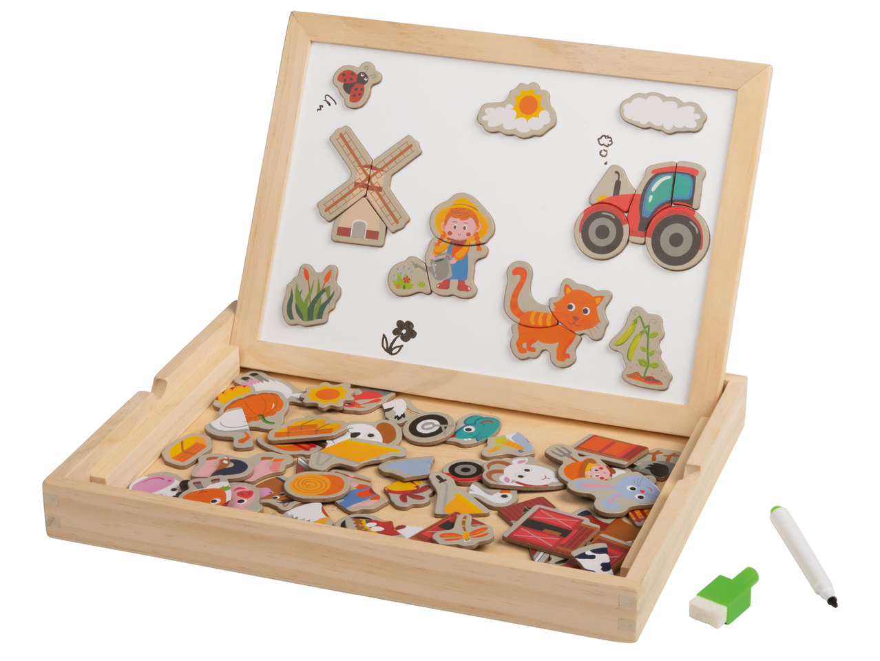 Дървена дъска за рисуване с магнитни елементи на тема ферма, включваща трактор, фермер и животни.