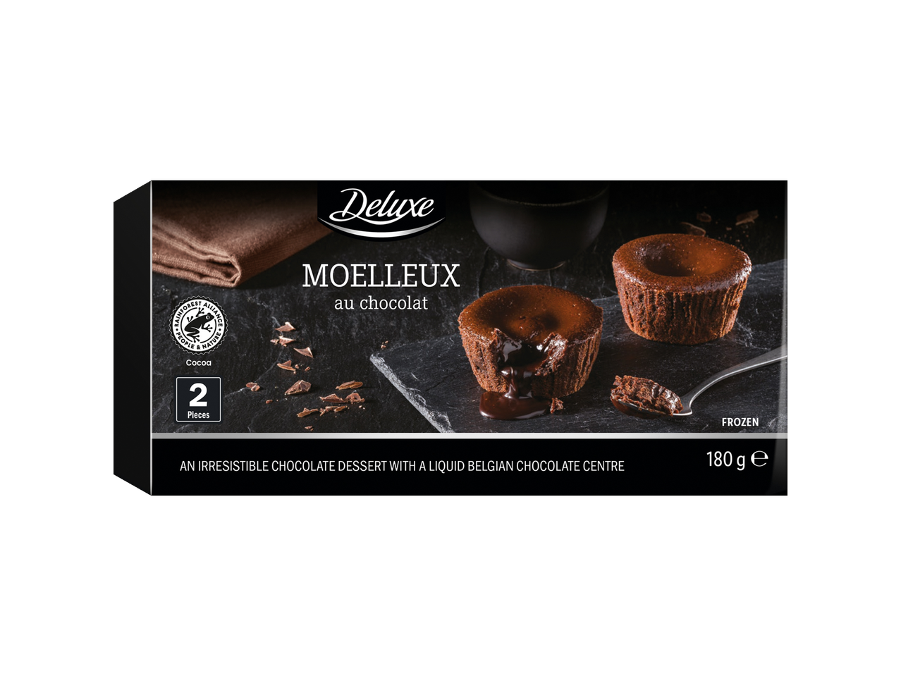Külmutatud Deluxe Moelleux au chocolat magustoidud vedelikbelgia šokolaadikeskusega.