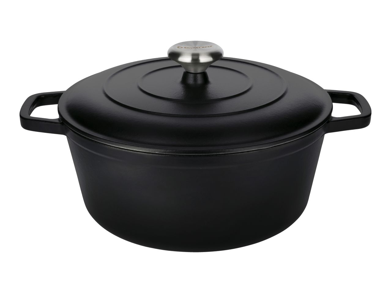 Black cast iron casserole dish with lid and silver knob