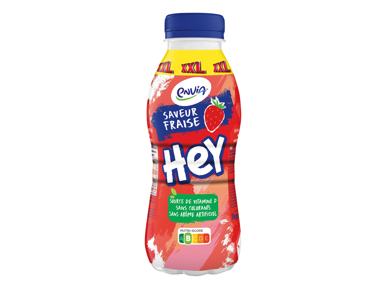 Bouteille de boisson lactée saveur fraise, enrichie en vitamine D, sans colorants ni arômes artificiels.
