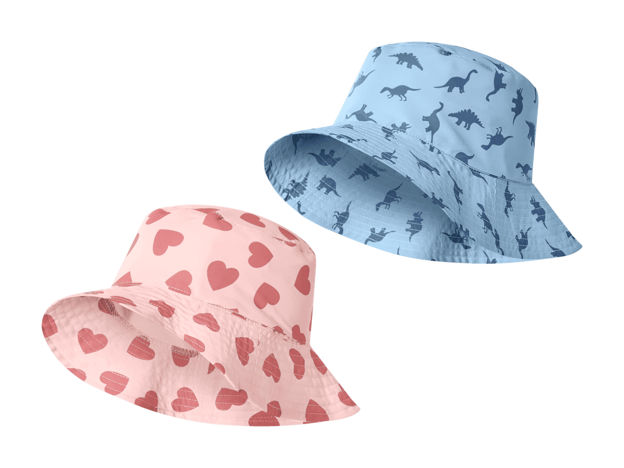 Zwei Fischerhüte für Kinder: einer rosa mit Herzen und einer hellblau mit Dinosauriern.