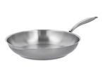 Stainless steel frying pan with a long handle, isolated on a white background.