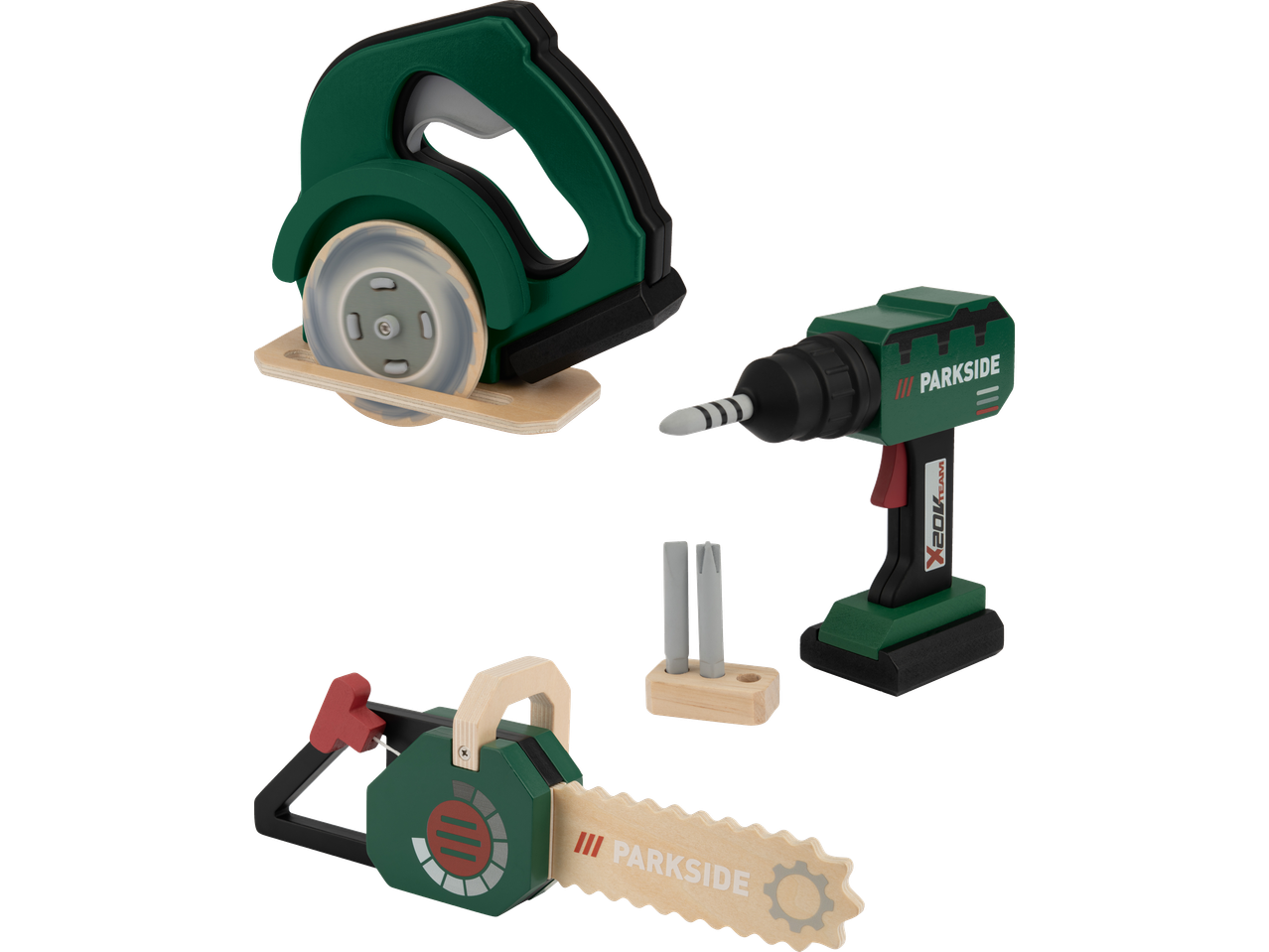 Leksaksverktyg från Parkside: cirkelsåg, borrmaskin och motorsåg i trä.