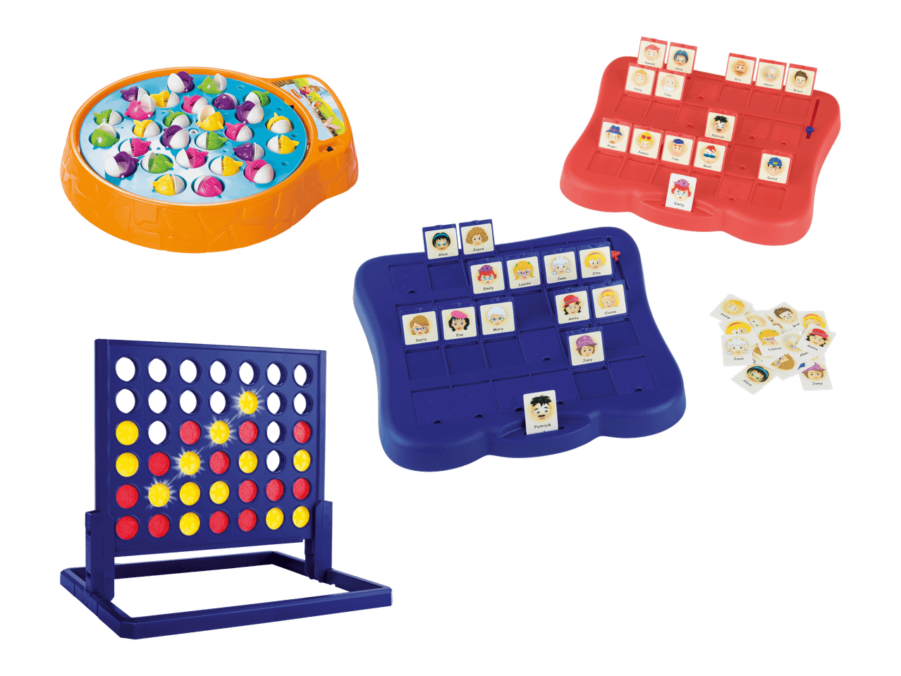 Kokoelma lautapelejä, mukaan lukien kalastus-, arvaus- ja yhdistämispelejä.