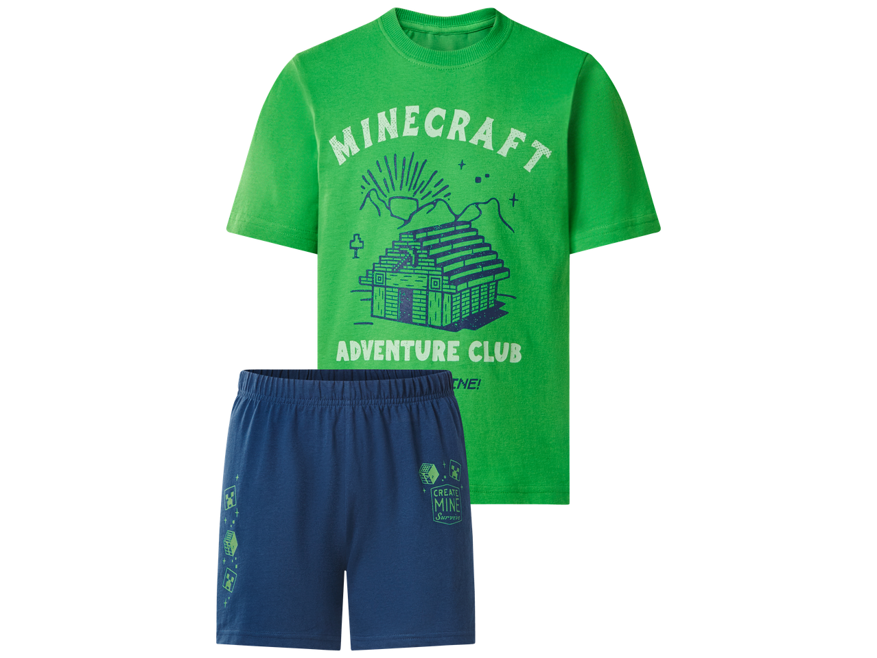 Комплект от зелена тениска с щампа 'Minecraft Adventure Club' и сини къси панталони.