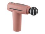 Pink massage gun with a black spherical attachment and white glowing rings.