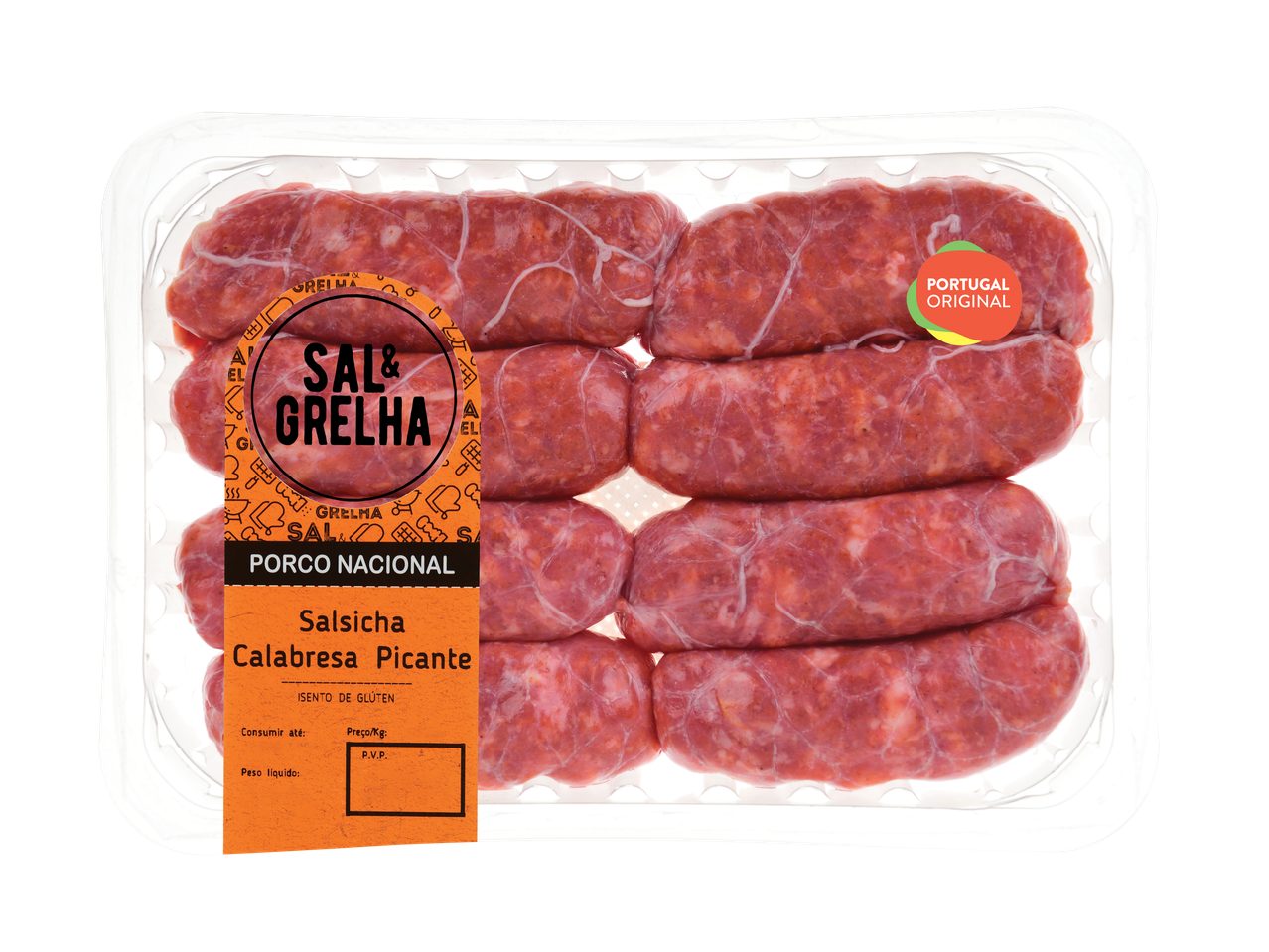 Embalagem de salsichas Calabresa picantes Sal & Grelha, com o rótulo 'Portugal Original'.
