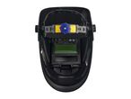 Top view of a black welding helmet with a digital display and adjustable headgear.