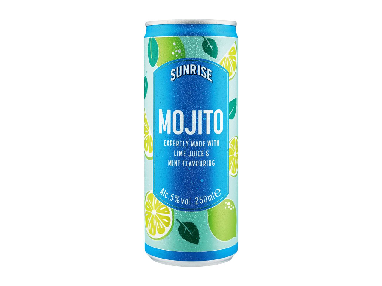 Mojito drink can with lime and mint design, 5% alcohol, 250ml.