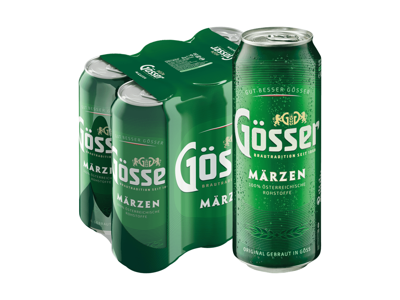 Sechserpack Gösser Märzen Bierdosen mit einer einzelnen Dose im Vordergrund.
