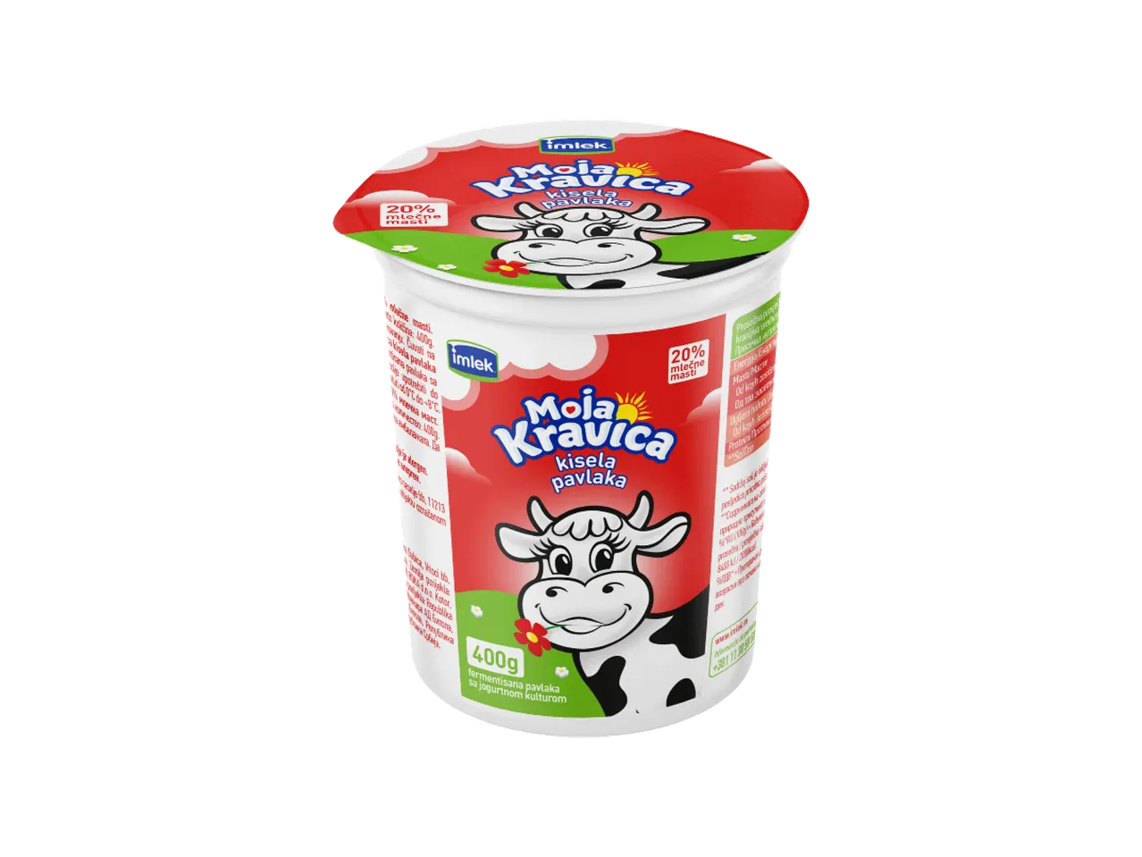 Kremasta pavlaka sa 20% mlečne masti, 400g, sa kravom na pakovanju.