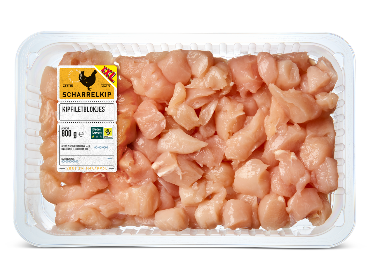 800g scharrelkip kipfiletblokjes in een verpakking.