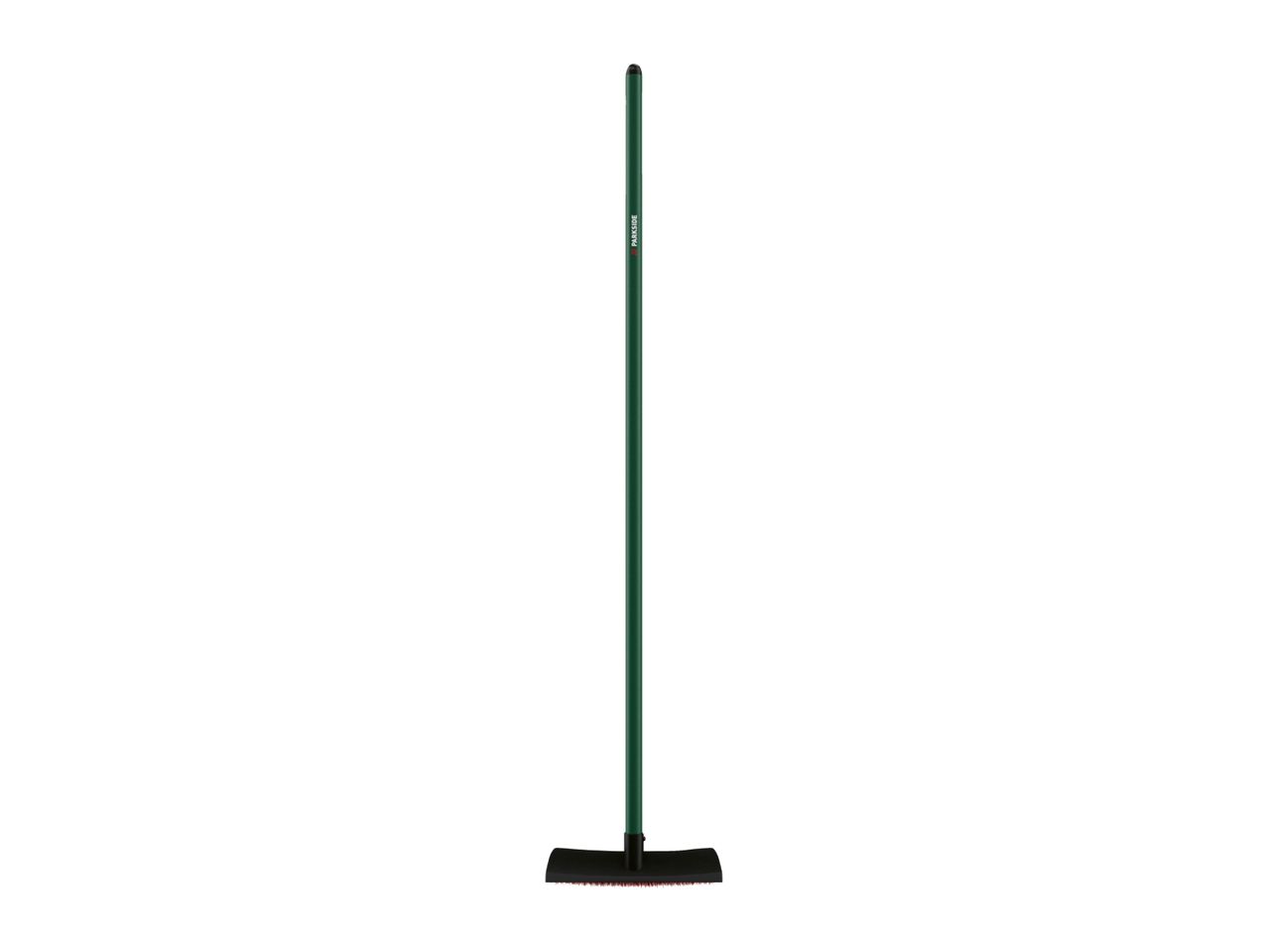 A green broom with a black head and red bristles, standing upright on a white background.