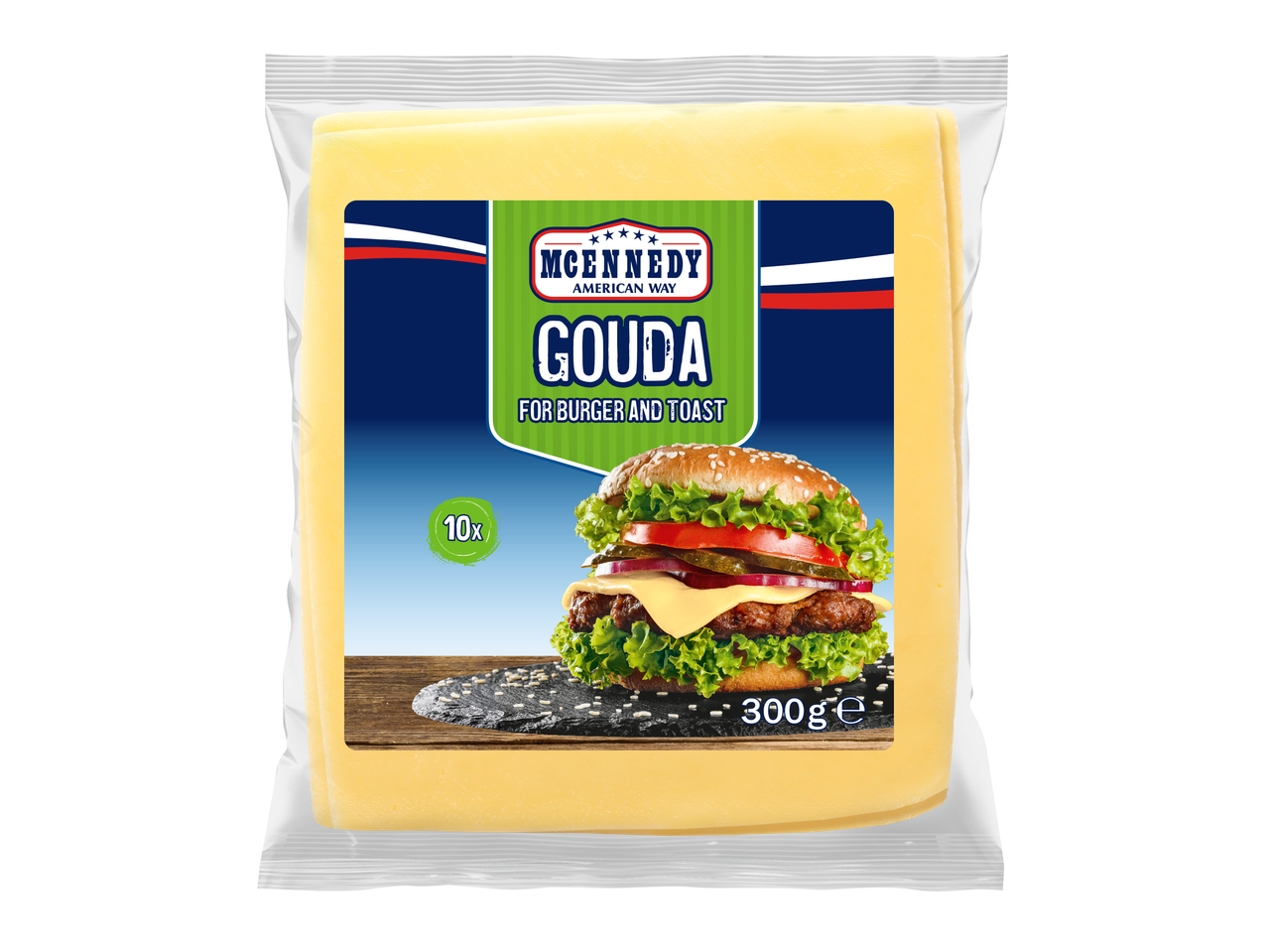 Paquet de tranches de fromage Gouda pour burgers et toasts, avec un burger en illustration.