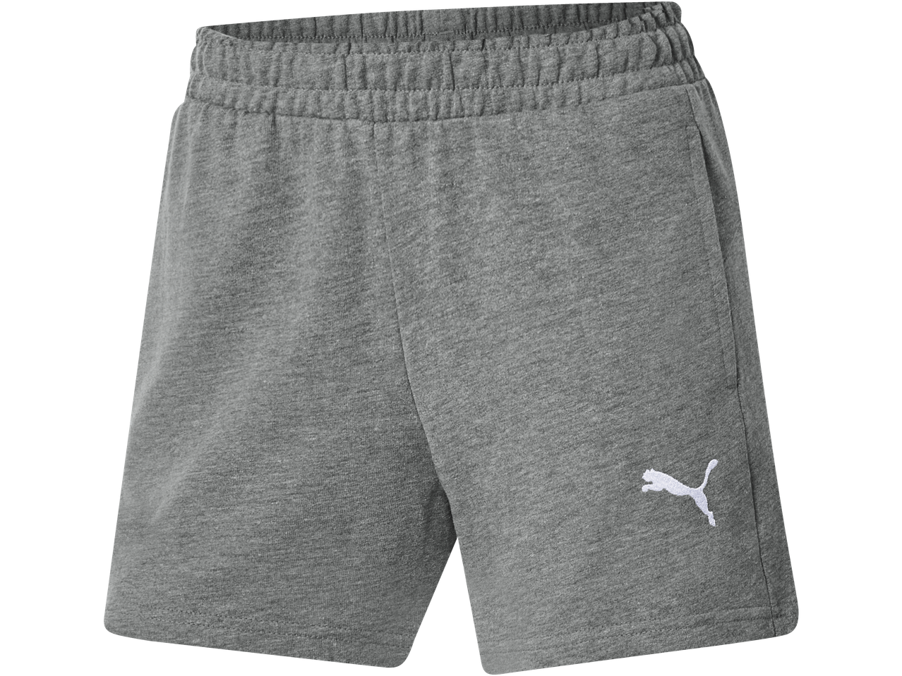 Pantaloni scurți gri PUMA de damă cu talie elastică și logo alb.