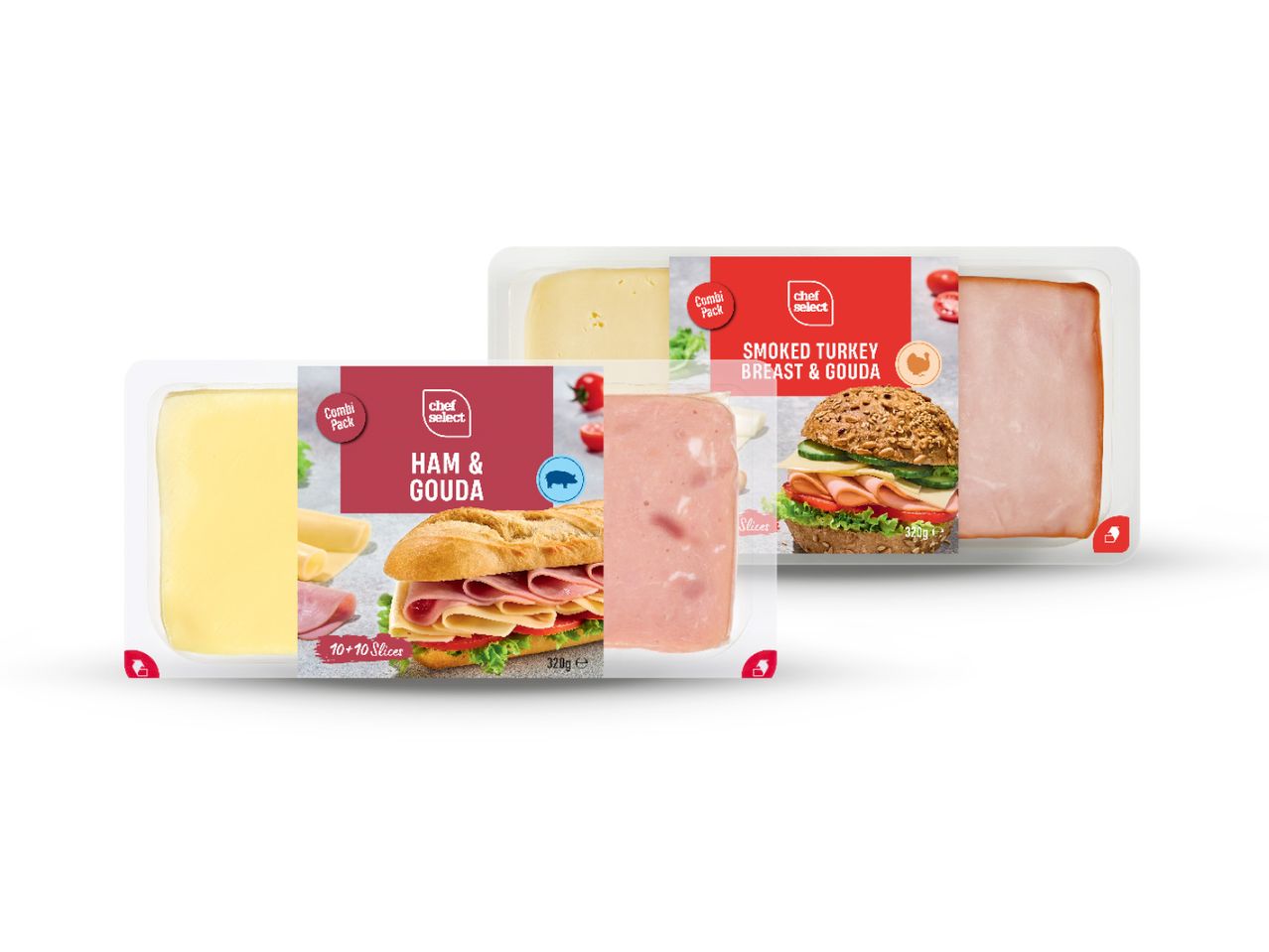 Dva pakiranja Chef Select Combi Packa, jedno s dimljenim purećim prsima i gaudom, a drugo sa šunkom i gaudom.