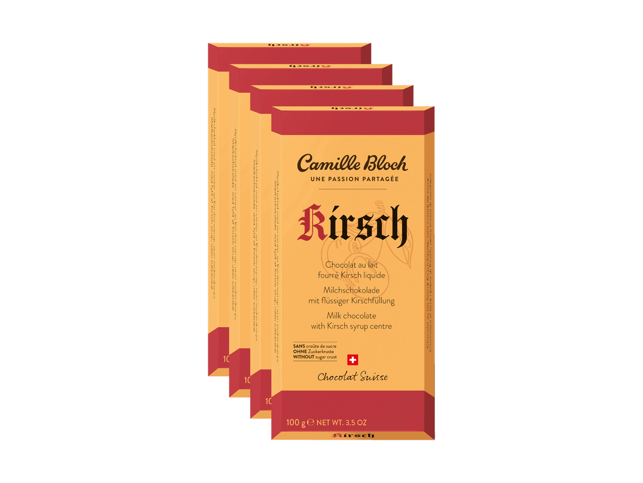 Quatre barres de chocolat au lait fourré au kirsch, sans croûte de sucre.