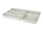 Light grey cutlery tray with multiple compartments for drawer organization.