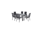 Conjunto de mobiliário de jardim: mesa retangular e seis cadeiras de metal escuro e têxtil.
