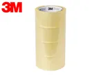 Four rolls of clear packaging tape stacked vertically on a white background.