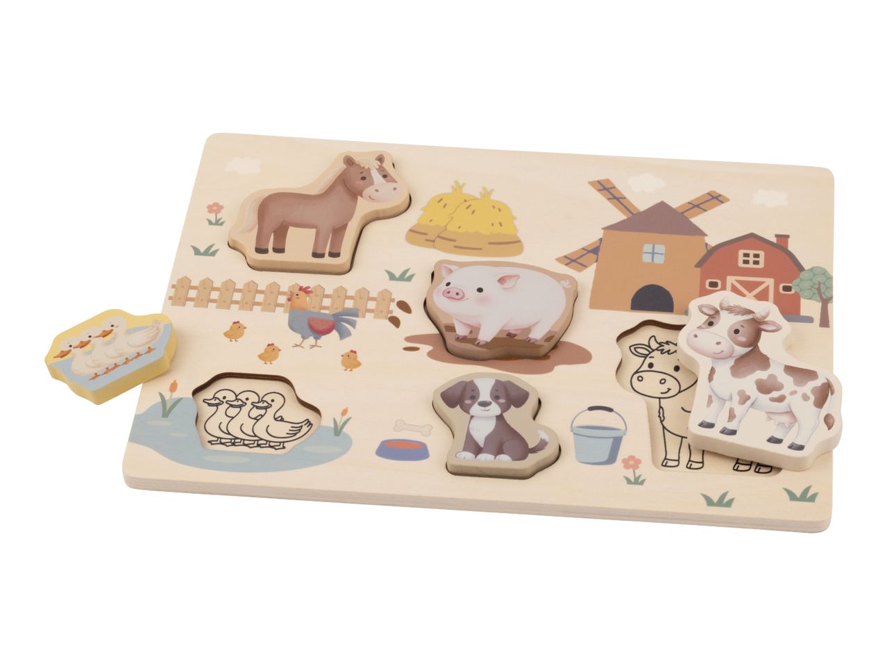Wooden farm animal puzzle with horse, pig, dog, cow, rooster, chicks, and ducks.