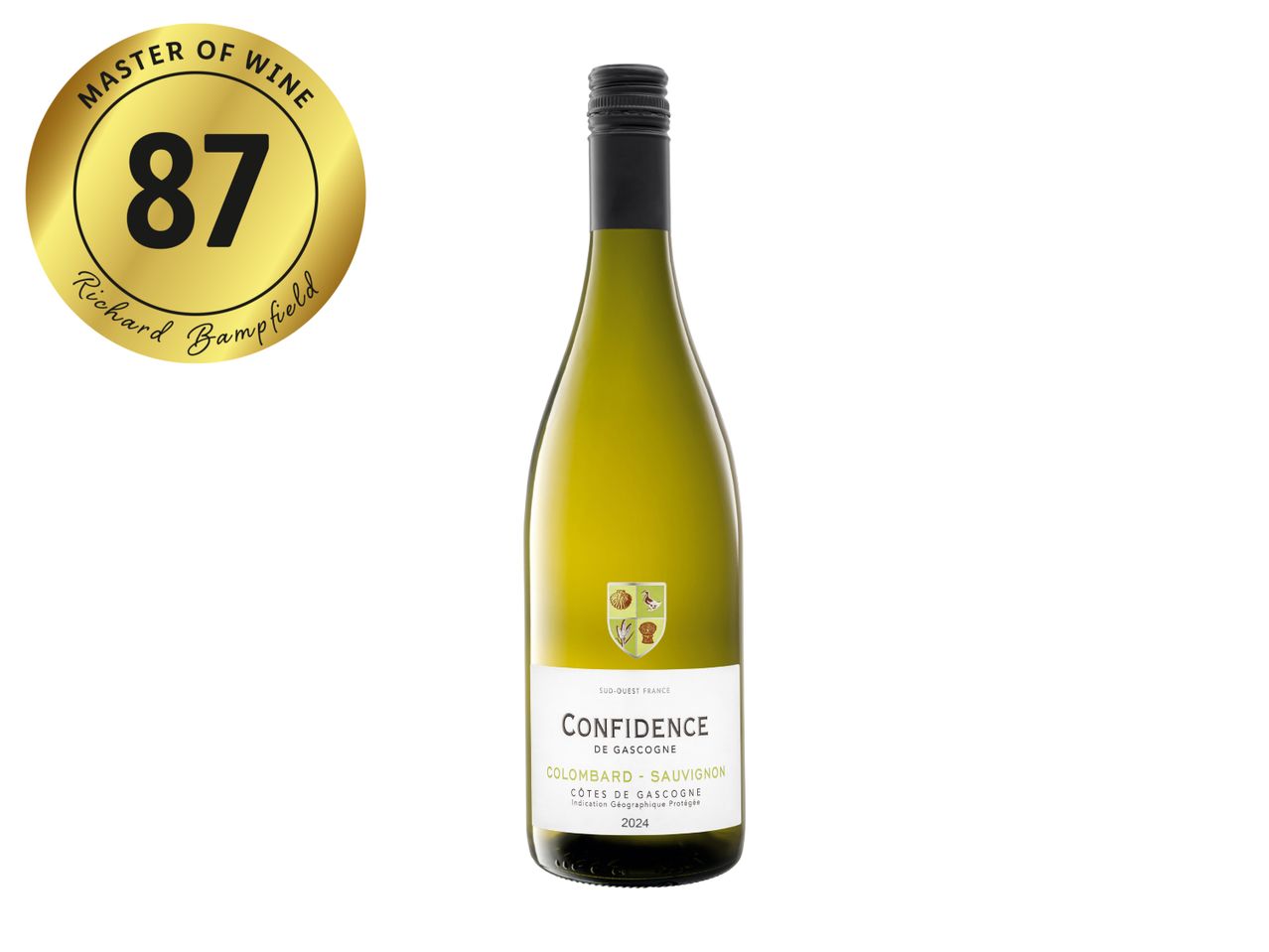 White wine bottle with a gold Master of Wine 87-point rating seal.