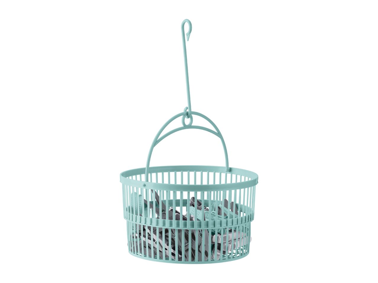 Light blue laundry basket with clothes pegs.