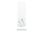 Placas de fixação metálicas em uma caixa transparente aberta, com uma na frente.