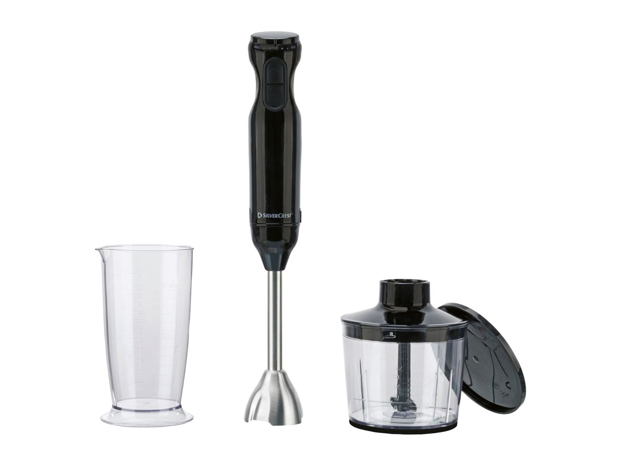Black hand blender set with a measuring beaker and a chopper attachment
