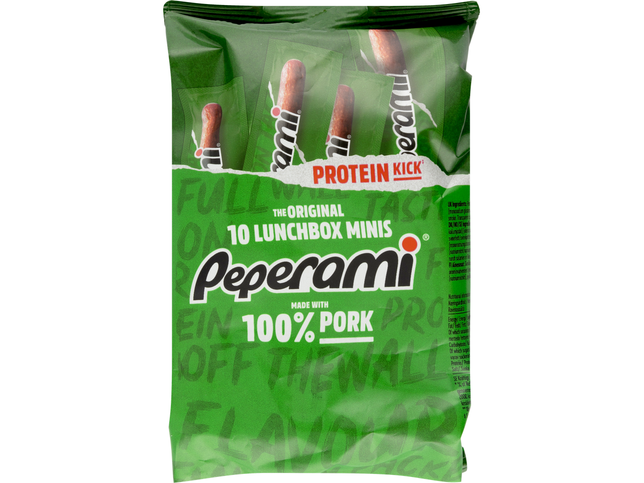 A bag of Peperami 10 Lunchbox Minis, made with 100% pork, features a green design with bold text.