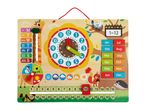 A wooden calendar and clock toy featuring a giraffe, squirrel, and hedgehog, with movable parts for days, months, and weather.