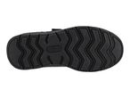 Bottom view of a black children's shoe with a textured sole.