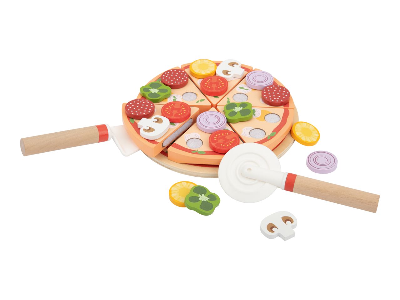 Wooden toy pizza set with various toppings, a pizza cutter, and a serving spatula.