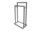 Black metal towel rack with two bars on a white background.