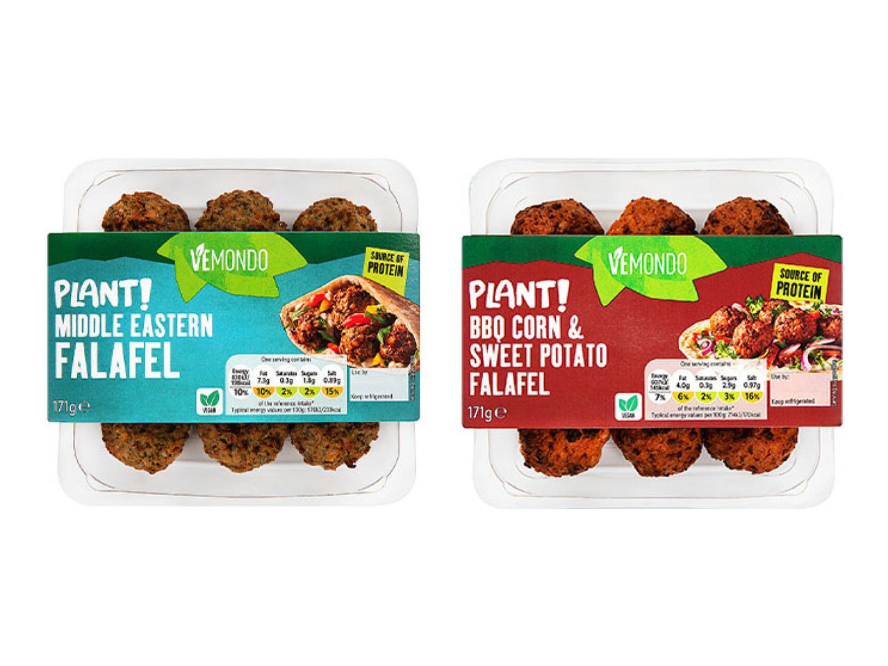 Two packs of plant-based falafel: Middle Eastern and BBQ Corn & Sweet Potato flavors.