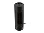 A black, cylindrical personal heater with a visible fan.