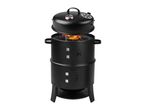 Black charcoal smoker and grill with chicken cooking on the grate.