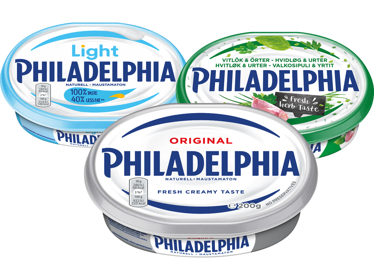 Tre Philadelphia-förpackningar: Light, Original och Fresh Herb Taste.