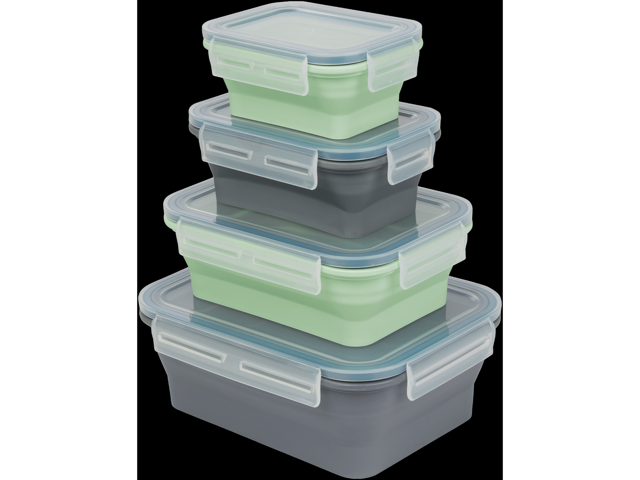 Stack of LIVARNO home collapsible food storage containers in green and gray.