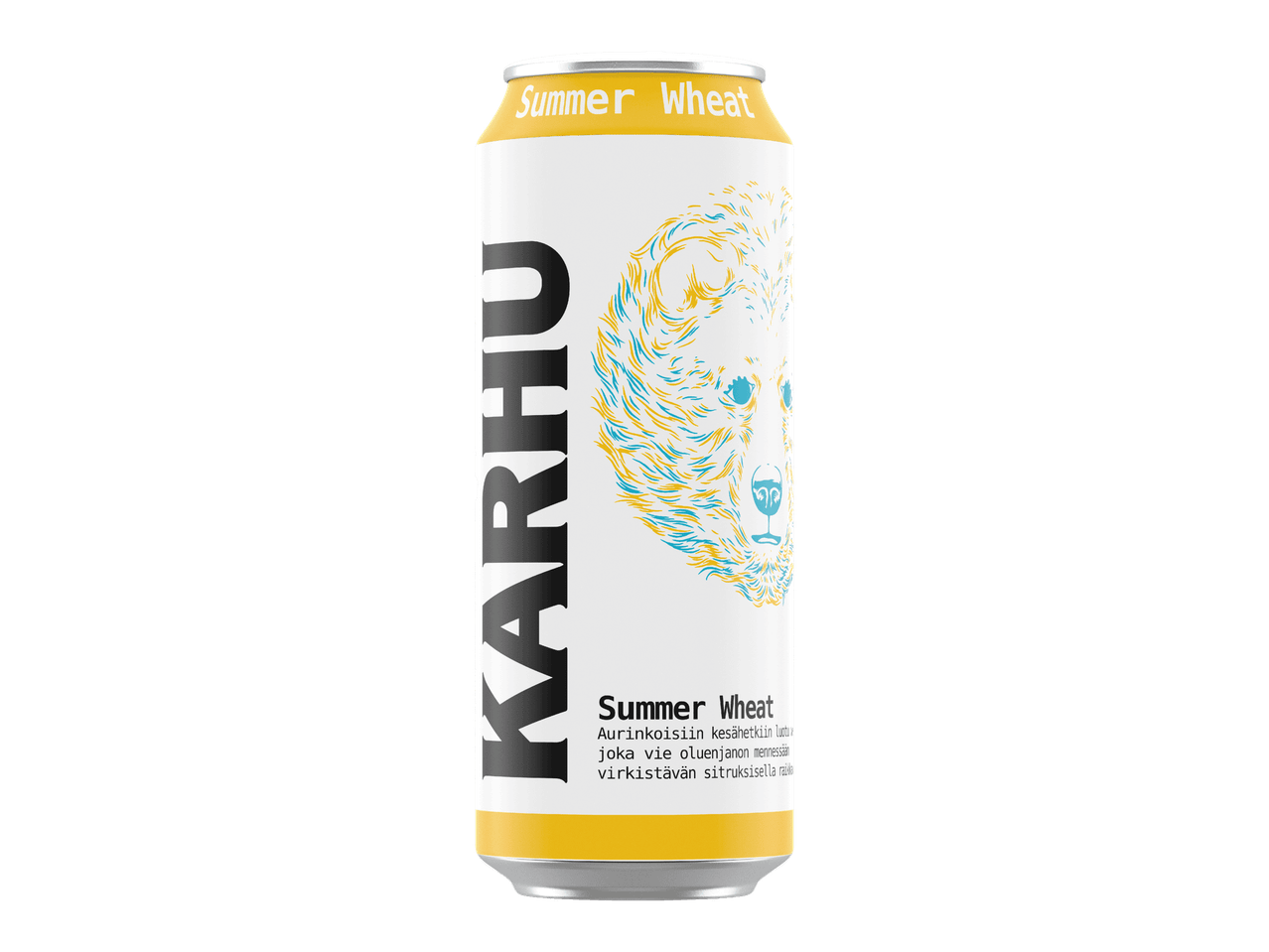 Valkoinen ja keltainen oluttölkki, jossa on karhun kuva ja teksti 'Summer Wheat'.