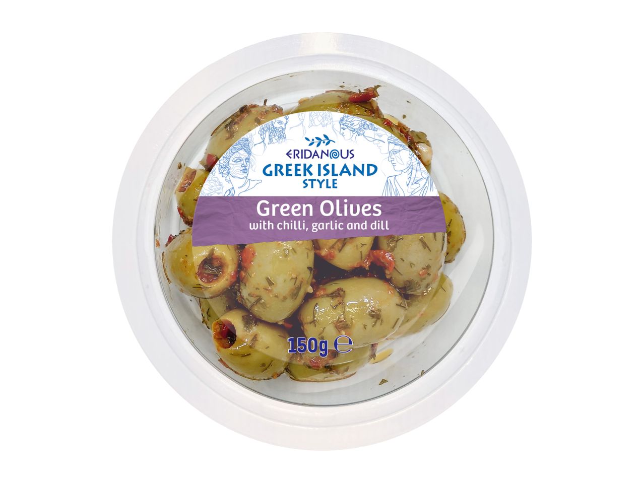 Green olives with chilli, garlic, and dill in a round plastic container, 150g.