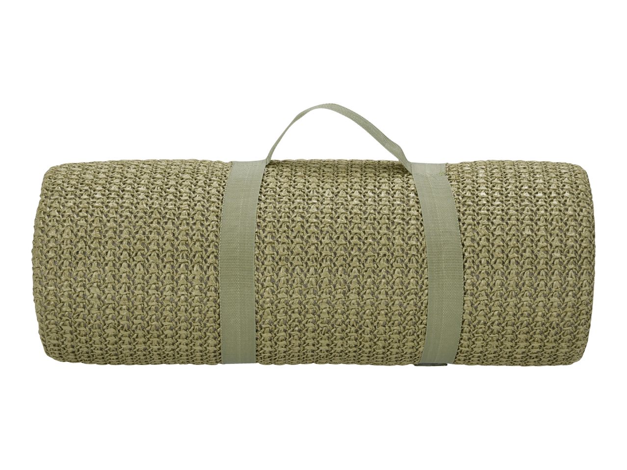 Rolled-up green woven beach mat with a carrying strap