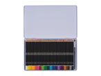 An open metal tin containing 36 Crelando watercolor pencils and a brush.
