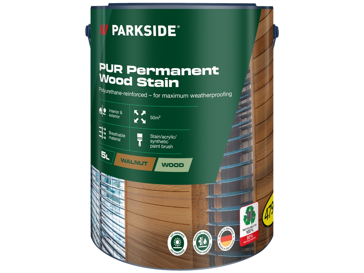 PARKSIDE PUR Lazură permanentă pentru lemn, 5L, nuc, pentru uz interior și exterior.