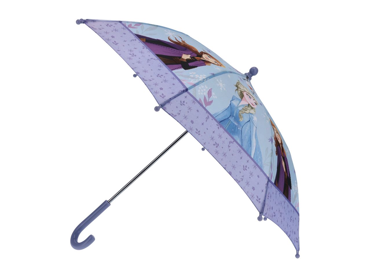 A light blue and purple Frozen-themed umbrella featuring Elsa and Anna.